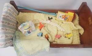 lot 606 image: Vintage Doll Bed, Baby Accessories, Fisher Price Mobile