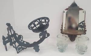 lot 619 image: Victorian Cast Iron Oil Lamp Sconce, Mirrored Shelf & Antique Insulators