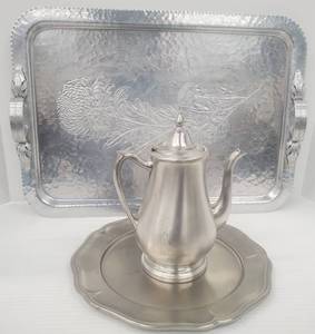 lot 622 image: Vintage Aluminum Tray & Pewter Tea Set