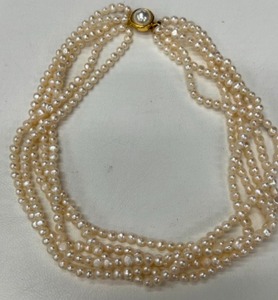 lot 575 image: Multi Strand Freshwater Pearls Necklace with Gold Toned Metal Accents & Faux Pearl Clasp