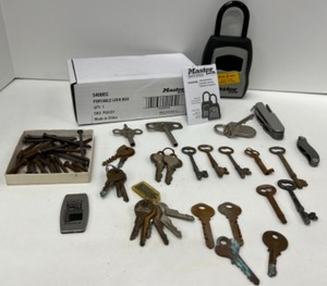 lot 596 image: Lot of Skeleton Keys, Master Potable Lock Box,  Vintage Keys & Antique Nails