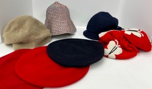 lot 636 image: Vintage Lot oof Womens Hats including a few Tams, a Woven Crusher, a Crotcheted Beanie with Purse & More