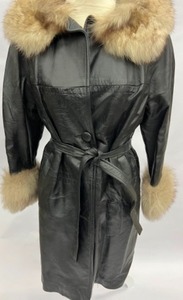 lot 649 image: Vintage 1960s Black Leather Coat wFox Fur Trim