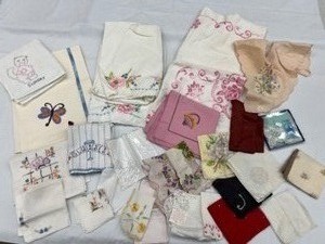 lot 690 image: Vintage Lot of Embroidered Handkerchieves, Dish Towels, Collar, Pillow cases & More