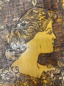 lot 240 image: Antique Folk Art Pyrography Wood Carved Panel