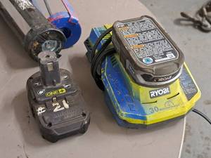 lot 916 image: Ryobi 85W 18V Cordless Tool Battery Charger P117 with (2) Lithium 18V Batteries