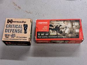 lot 630 image: Hornady Critical Defense .380 Auto Cartridges 25-count, Norma .380 Auto Cartridges 95 gr 25-count