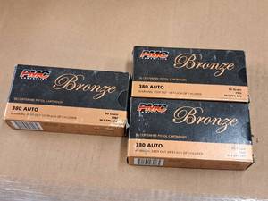 lot 631 image: Lot of (3 Boxes) PMC Bronze .380 Auto 90 gr FMJ Centerfire Pistol Cartridges 50-count