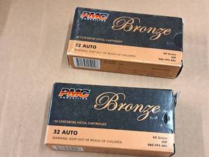 lot 638 image: Lot of (2 Boxes) PMC Bronze 32 Auto 60 gr JHP Centerfire Pistol Cartridges 50-count