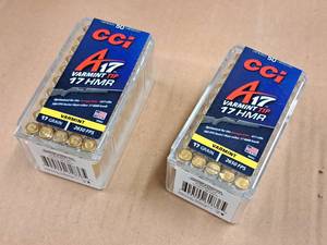 lot 641 image: Lot of (2 Boxes) Cci A17 Varmint Tip 17 HMR 17 gr Rimfire Cartridges 50-count