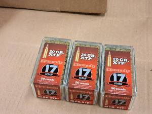 lot 643 image: Lot of (3 Boxes) Hornady XTP 17 HMR 20 gr Centerfire Ammo Rounds 50-count
