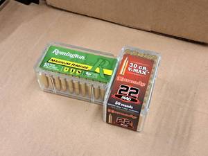 lot 653 image: Remington Mgnum Rimfire 22 WIN MAG 40 gr JHP 50-count, Hornady 22 MAG 30 gr 50-count