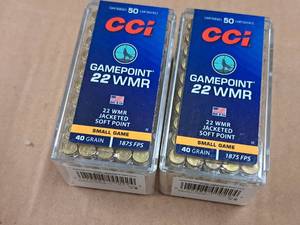 lot 662 image: Lot of (2 Boxes) Cci Gamepoint 22 WMR 40 gr JSP Rimfire Cartridges 50-count