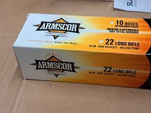 lot 675 image: Lot of (10 Boxes) Armscor Precision 22 Long Rifle 36 gr Hollow Point Rimfire High Velocity Cartridges 50-count