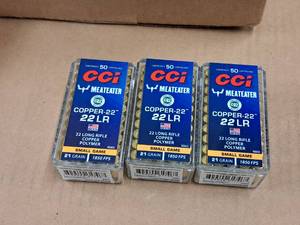 lot 684 image: Lot of (3 Boxes) CCi Meateater Copper-22 Small Game 22 Long Rifle 21 gr Copper Polymer Rimfire Cartridges 50-count
