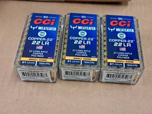 lot 683 image: Lot of (3 Boxes) CCi Meateater Copper-22 Small Game 22 Long Rifle 21 gr Copper Polymer Rimfire Cartridges 50-count