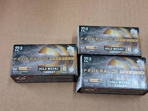 lot 689 image: Lot of (3 Boxes) Federal Premium Gold Medal 22 Long Rifle 40 gr Solid Rimfire Cartridges 50-count