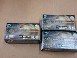 lot 690 image: Lot of (3 Boxes) Federal Premium Gold Medal 22 Long Rifle 40 gr Solid Rimfire Cartridges 50-count
