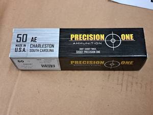 lot 695 image: Lot of (1 Box) Precision One 50 AE 325 gr FMJ Cartridges 50-count