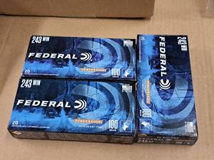 lot 717 image: Lot of (3 Boxes) Federal Power Shok 243 Win 100 gr JSP Centerfire Rifle Cartridges 20-count