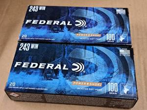 lot 718 image: Lot of (2 Boxes) Federal Power Shok 243 Win 100 gr JSP Centerfire Rifle Cartridges 20-count