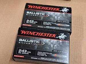 lot 721 image: Lot of (2 Boxes) Winchester Ballistic Silvertip Deer & Antelope 243 Win 95 gr Polymer Tip Cartridges 20-count