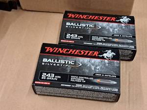 lot 722 image: Lot of (2 Boxes) Winchester Ballistic Silvertip Deer & Antelope 243 Win 95 gr Polymer Tip Cartridges 20-count