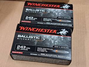 lot 724 image: Lot of (2 Boxes) Winchester Ballistic Silvertip Deer & Antelope 243 Win 95 gr Polymer Tip Cartridges 20-count