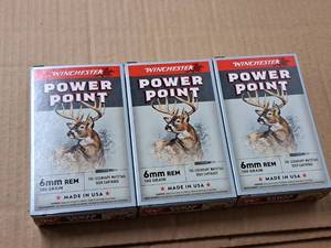 lot 742 image: Lot of (3 Boxes) Winchester Power Point 6mm REM 100 gr Cartridges 20-count