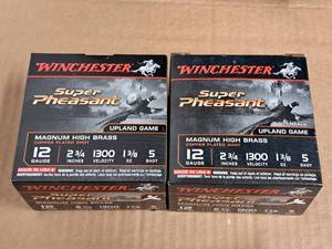 lot 746 image: Lot of (2 Boxes) Winchester Super Pheasant Upland Game 12 Gauge 2-34 1-38oz 5-shot Magnum High Brass Copper Plated Shot Shotgun Shells 25-count