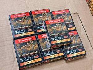 lot 796 image: Lot of (7 Boxes) Winchester Copper Impact 20 Gauge 2-34 34oz 50 cal Copper Sabot Slug Shotshells 5-count