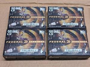 lot 813 image: Lot of (4 Boxes) Federal Truball Premium 20 Gauge 2-34 34oz Rifled Slug HP Shotshells 5-count