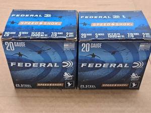 lot 816 image: Lot of (2 Boxes) Federal Speed Shok 20 Gauge 3 78oz 2 Shot Waterfowl Steel Shotshells 25-count