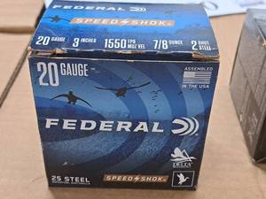 lot 817 image: Lot of (1 Box) Federal Speed Shok 20 Gauge 3 78oz 2 Shot Waterfowl Steel Shotshells 25-count