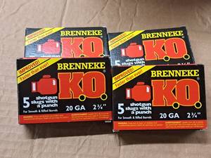 lot 820 image: Lot of (4 Boxes) Brenneke K.O. 20 Gauge 2-34 34oz Shotgun Slugs 5-count