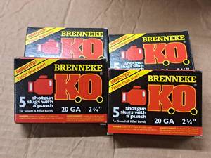lot 821 image: Lot of (4 Boxes) Brenneke K.O. 20 Gauge 2-34 34oz Shotgun Slugs 5-count