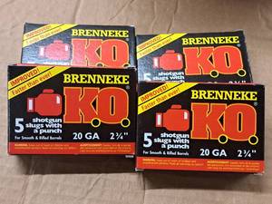 lot 822 image: Lot of (4 Boxes) Brenneke K.O. 20 Gauge 2-34 34oz Shotgun Slugs 5-count