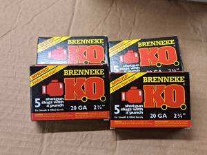 lot 823 image: Lot of (4 Boxes) Brenneke K.O. 20 Gauge 2-34 34oz Shotgun Slugs 5-count