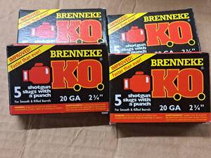 lot 824 image: Lot of (4 Boxes) Brenneke K.O. 20 Gauge 2-34 34oz Shotgun Slugs 5-count