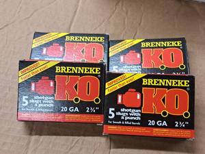 lot 825 image: Lot of (4 Boxes) Brenneke K.O. 20 Gauge 2-34 34oz Shotgun Slugs 5-count