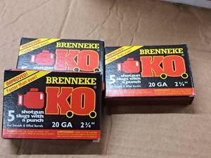 lot 826 image: Lot of (3 Boxes) Brenneke K.O. 20 Gauge 2-34 34oz Shotgun Slugs 5-count