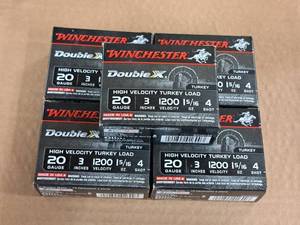 lot 805 image: Lot of (5 Boxes) Winchester Double X Turkey 20 Gauge 3 1-516oz 4 Shot High Velocity Turkey Load Shotshells 10-count