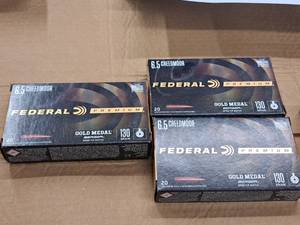 lot 970 image: Lot of (3 Boxes) Federal Premium Gold Medal Berger Open Tip Match 6.5 Creedmore 130 gr Centerfire Rifle Cartridges 20-count