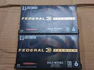 lot 971 image: Lot of (2 Boxes) Federal Premium Gold Medal Berger Open Tip Match 6.5 Creedmore 130 gr Centerfire Rifle Cartridges 20-count