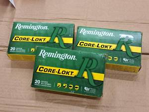 lot 943 image: Lot of (3 Boxes) Remington Core-Lokt 338 Remington Ultra Mag 250 gr PSPCL Centerfire Rifle Cartridges 20-count