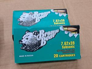 lot 940 image: Lot of (2 Boxes) Brown Bear 7.62x39 196 gr Bimetal FMJ Lacquered Case Subsonic Cartridges 20-count