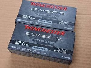 lot 846 image: Lot of (2 Boxes) Winchester Defense Tip Silvertip 223 REM 64 gr Centerfire Rifle Cartridges 20-count