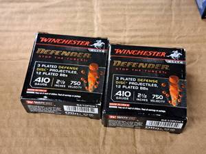lot 878 image: Lot of (2 Boxes) Winchester Defender Elite .410 Bore 3 Plated Defense Disc Projectiles12 Plated BBs