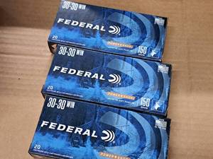 lot 922 image: Lot of (3 Boxes) Federal Power Shok 30-30 WIN 150 gr Jacketed Soft Point FN Cartridges 20-count