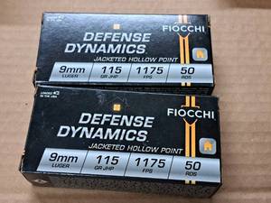 lot 908 image: Lot of (2 Boxes) Fiocchi Defense Dynamics 9mm Luger 115 gr JHP Cartridges 50-count